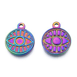 Rainbow Color Ion Plating(IP) 201 Stainless Steel Pendants, Flat Round with Eye, Rainbow Color, 19x15x2mm, Hole: 1.8mm