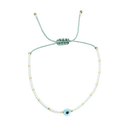 Cyan Clair Bracelet réglable en perles miyuki graine et résine mauvais œil tressé pour femme, cyan clair, diamètre intérieur: 1-3/4~2-3/4 pouce (4.4~7.1 cm)