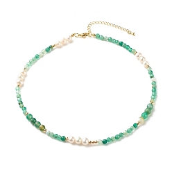 Medium Aquamarine Natural Pearl Beaded Necklace, Round Natural Striped Agate Reiki Beads Necklace for Women, Golden, Medium Aquamarine, 16 inch(40.5cm)