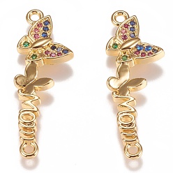 Golden Brass Micro Pave Colorful Cubic Zirconia Link, Long-Lasting Plated, for Mother's Day, Butterfly with Word Mom, Golden, 28.5x9x2.5mm, Hole: 1.45mm