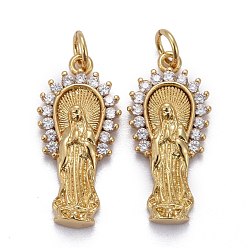 Real 18K Gold Plated Brass Micro Pave Clear Cubic Zirconia Pendants, Long-Lasting Plated, for Religion, with Jump Rings, Virgin Mary, Real 18K Gold Plated, 23x10.5x3.5mm
