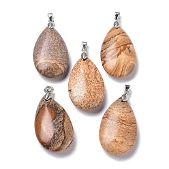 Picture Jasper Natural Picture Jasper Pendants, with Brass Finding, Teardrop, 35x20x7.5~9mm, Hole: 4x3.5mm