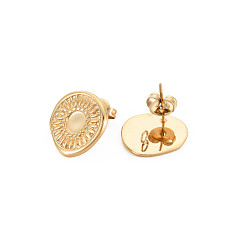Real 14K Gold Plated Ion Plating(IP) 304 Stainless Steel Stud Earring Findings, Earring Setting for Enamel, with Ear Nuts and Loop, Oval with Sun, Real 14K Gold Plated, 15.5x15.5mm, Hole: 2mm, Pin: 0.7mm, Tray: 5mm