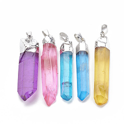 Mixed Color Natural Quartz Crystal Pointed Pendants, with Iron Findings, Plated Platinum, Nuggets, Dyed, Mixed Color, 49~59x7~14x7~13mm, Hole: 4x7mm