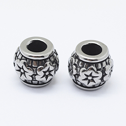 Antique Silver 316 Surgical Stainless Steel European Beads, Large Hole Beads, Rondelle with Flower, Antique Silver, 10.5x10mm, Hole: 5mm