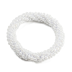 Blanco Pulsera elástica trenzada con perlas de vidrio de ganchillo, pulsera nepel estilo boho, blanco, diámetro interior: 1-3/4 pulgada (4.5 cm)