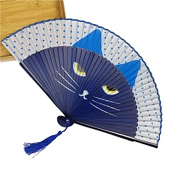 Полуночно-синий Бамбуковый узор в виде кошки с атласным складным веером, для вечеринки свадебное танцевальное украшение, темно-синий, 210 мм