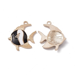 Black Alloy Enamel Pendants, Light Gold, Fish Charm, Black, 27x25x3.5mm, Hole: 2.2mm