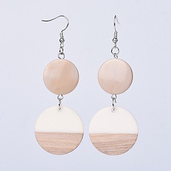 BurlyWood Resin & Wood Dangle Earrings, with Platinum Tone Brass Earring Hooks and Acrylic Beads, Flat Round, BurlyWood, 80mm, Pendant: 28.5x3.5mm, Pin: 0.7mm