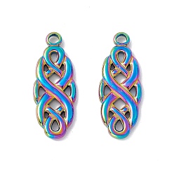 Rainbow Color Ion Plating(IP) 201 Stainless Steel Pendants, Knot Charms, Rainbow Color, 29x11x2.5mm, Hole: 2.5mm
