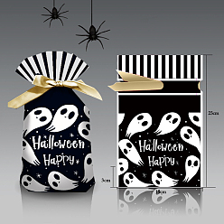 Noir 50 pcs sacs de bonbons en plastique d'halloween, sacs à cordonnet, sac cadeau cotillons, rectangle avec motif fantôme, noir, 23x15 cm