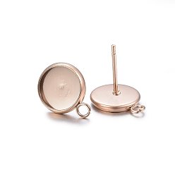 Rose Gold Ion Plating(IP) 304 Stainless Steel Stud Earring Settings, with Loop, Flat Round, Rose Gold, Tray: 8mm, 13x10x2mm, Hole: 1.8mm, Pin: 0.8mm