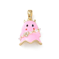 Pearl Pink Rack Plating Brass Enamel Pendants, with Plastic Pearls and Cubic Zirconia, Golden, Ghost Charm, Pearl Pink, 17.5x13x6mm, Hole: 5×3mm