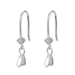 Platinum Rhodium Plated 925 Sterling Silver Earring Hooks, with Cubic Zirconia, Rhombus, Platinum, 26mm, 22 Gauge, Pin: 0.6mm