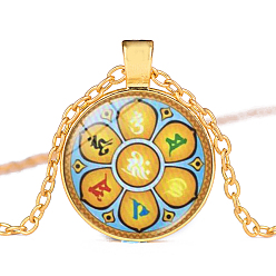Doré  7 collier pendentif en verre chakra, bijoux en alliage thème yoga pour femmes, or, 50~55 cm