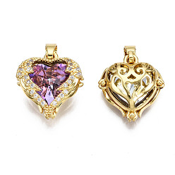 Real 16K Gold Plated Brass Medium Violet Red Cubic Zirconia Pendants, Nickel Free, Heart, Real 16K Gold Plated, 16.5x15.5x7.5mm, Hole: 3mm