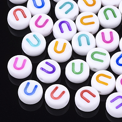 Letter U Initial Acrylic Beads, Horizontal Hole, Flat Round, Mixed Color, Letter.U, 7x3.5~4mm, Hole: 1.2mm, about 3700pcs/500g