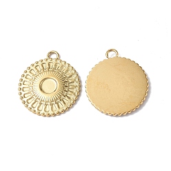 Real 18K Gold Plated Ion Plating(IP) 304 Stainless Steel Pendant Cabochon Settings, Flat Round with Sun Charm, Real 18K Gold Plated, Tray: 4mm, 18.5x16.5x1.8mm, Hole: 1.6mm