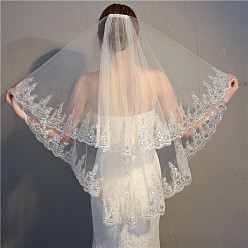 Blanc Voile de mariée en maille à motif floral double couche avec peignes, pour les décorations de fête de mariage pour femmes, blanc, 1500x900mm