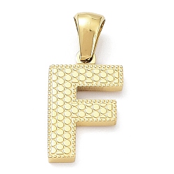 Letter F Revestimiento de iones (ip) 316l colgantes de acero inoxidable quirúrgico, real 18 k chapado en oro, encanto de la letra, textura, letra f, 16.5x10x1.6 mm, agujero: 3.5 mm
