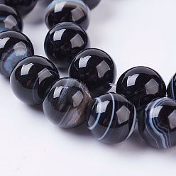 Natural Agate Natural Black Agate Beads Strands, Dyed, Stripe Round, 4mm, Hole: 1mm, about 94pcs/strand, 14.9 inch