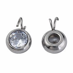 Stainless Steel Color 201 Stainless Steel Clear Cubic Zirconia Charms, Flat Round, Stainless Steel Color, 10.5x7x3.5mm, Hole: 2.5mm