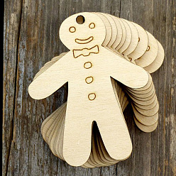 Gingerbread Man Decoraciones colgantes de madera sin terminar, con cuerda de cáñamo, para adornos navideños, hombre de pan de jengibre, 10x10x0.3 cm, 10 unidades / bolsa