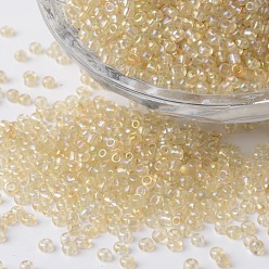 Pale Goldenrod 12/0 Transparent Rainbow Plated Round Glass Seed Beads, Pale Goldenrod, 2~3x1.5~2mm, Hole: 0.8~1mm, about 37500pcs/pound