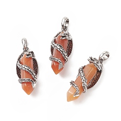 Red Aventurine Natural Red Aventurine Pointed Pendants, Faceted Bullet Charms with Antique Silver Tone Alloy Dragon Wrapped, 47.5x19x18.5mm, Hole: 7.5x6mm
