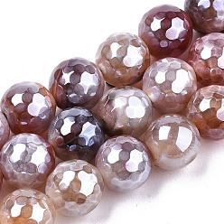 Flamingo Electroplate Natural Agate Beads Strands, Dyed, Faceted, Pearl Luster Plated, Round, Flamingo, 10.5mm, Hole: 1.2mm, about 36~37pcs/strand, 14.37 inch~14.57 inch(36.5cm~37cm)