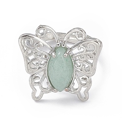 Green Aventurine Natural Green Aventurine Butterfly Adjustable Ring, Platinum Brass Jewelry for Women, Cadmium Free & Lead Free, US Size 8 1/2(18.5mm)