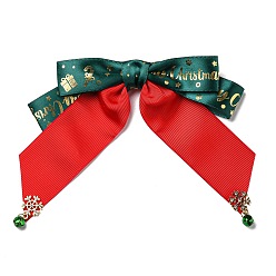 Red Christmas Polyester Ribbon Bowknot Safety Pin Brooch, with Alloy Rhinestone Snowflake & Bell, Iron Pin, Red, 130x157x11mm
