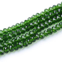 Зеленый Прозрачные стеклянные бусины, граненые, рондель, зелёные, 3x2 мм, отверстие : 0.5 мм, около 160~165 шт / нитка, 15.35 дюйм ~ 15.75 дюйм (39~40 см)