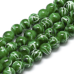 Verde Cuentas de vidrio del banco de estirar hilos, hornear pintado, teñido, rondo, verde, 6~6.5 mm, agujero: 1.5 mm, sobre 145 unidades / cadena, 31.8 pulgada