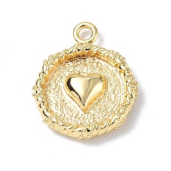 Real 18K Gold Plated & Gunmetal Brass Pendants, Textured, Real 18K Gold Plated, Flat Round with Playing Cards Charm, Heart, 15.5x12.5x2.5mm, Hole: 1.4mm