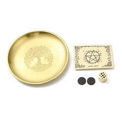 Golden Tree of Life Pattern Flat Round 201 Stainless Steel Candle Holders, with Magnet, Pentacle Parchment Paper, 9-Hole Incense Holder, Home Tabletop Centerpiece , Golden, 14.5x14.5x1.7cm