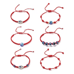 Red 6Pcs 6 Style Alloy Hamsa Hand & Resin Evil Eye Braided Bead Bracelets Set, Lucky Nylon Knot Adjustable Bracelets for Kids, Red, Inner Diameter: 1-1/8~3-1/8 inch(2.9~7.7cm), 1Pc/style