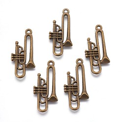 Antique Bronze Alloy Pendants, Lead Free and Cadmium Free, Trumpet, Antique Bronze Color, about 35mm long, 15mm wide, 3.5mm thick, hole: 2mm