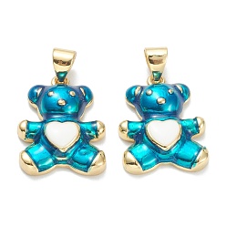 Dark Turquoise Brass Enamel Pendants, Real 18K Gold Plated, Long-Lasting Plated, Bear with Heart, Dark Turquoise, 18x13.5x4mm, Hole: 5x3.5mm