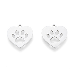 Stainless Steel Color 201 Stainless Steel Charms, Laser Cut Pendants, Heart with Dog Paw Prints , Stainless Steel Color, 15x15x1mm, Hole: 1.5mm