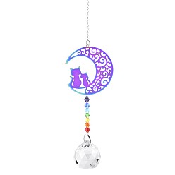 Cat Shape Stainless Steel with Glass Beaded Hanging Pendant Decorations, Suncatchers for Party Window, Wall Display Decorations, Cat Shape, 280x55mm