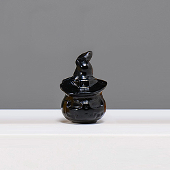 Obsidienne Décorations d'affichage à la maison en obsidienne naturelle d'halloween, citrouille avec chapeau, 31.5x22.5mm