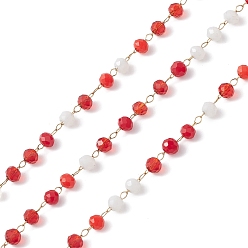 Rouge Main chaînes de perles de verre, facette, non soudée, avec 304 inoxydable chaînes en acier, or, ronde, rouge, 3x2.5mm