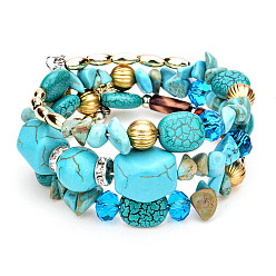 Turquoise Alloy & Resin Beads Three Loops Wrap Style Bracelet, Bohemia Style Bracelet for Women, Turquoise, 7-1/8 inch(18cm)
