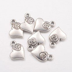 Antique Silver Tibetan Style Alloy Charms Pendants, Heart with Flower, Cadmium Free & Lead Free, Antique Silver, 14x11x3mm, Hole: 1mm
