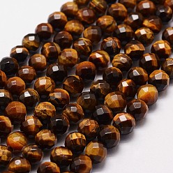 Tiger Eye Natural Tiger Eye Beads Strands, Grade A, Faceted(64 Facets), Round Bead, 6mm, Hole: 1.2mm, 64pcs/strand, 15.7 inch