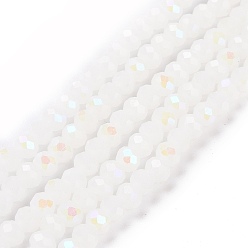 White Electroplate Glass Beads Strands, Imitation Jade Beads, Half Plated, Rainbow Plated, Faceted, Rondelle, White, 6x5mm, Hole: 1mm, about 85~88pcs/strand, 16.1~16.5 inch(41~42cm)