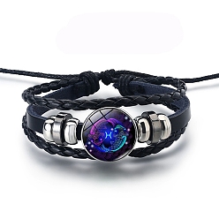 Pisces Alloy Braided Bead Bracelets, Leather Multi-Strand Bracelet, Glass Constellation Bracelet, Pisces, 7-7/8 inch(20cm)