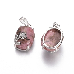Rhodonite Natural Rhodonite Pendants, with Platinum Tone Brass Findings, Oval with Flower, 22x13.8x10.3mm, Hole: 6x3.5mm