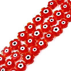 Red Handmade Evil Eye Lampwork Beads Strands, Flower, Golden Edge, Red, 7~9.5x7~9x2.5~3mm, Hole: 1mm, about 54pcs/strand, 16.14 inch(41cm)